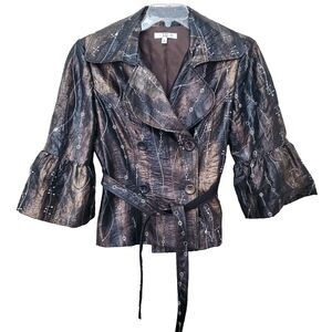 IQ Paris Brown Double-Breasted Metallic Belted Jacket Sz 16 Vintage Made in USA